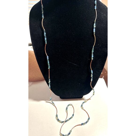 Sparkling Blue AB Bead Necklace Long Glass Gold Tone Curved Bars - Picture 2 of 8